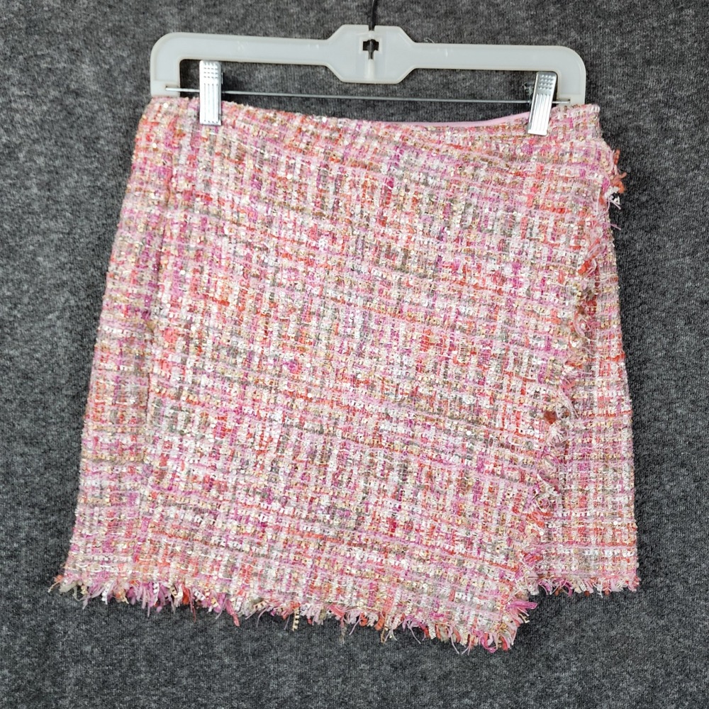 Forever 21 Tweed Skort Womens Medium Pink‎ Sequin Frayed Hem Wrap Front NEW